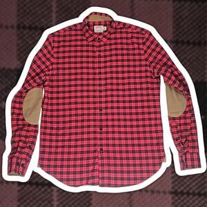 Brooks Brothers Flannel Shirt Medium Red Black Plaid Elbow Patch Lumberjack